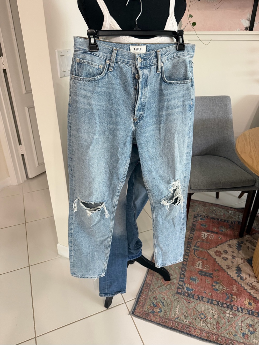 Agolde “Jamie” Distressed High Rise Jeans Size 26 Light Wash Button Fly